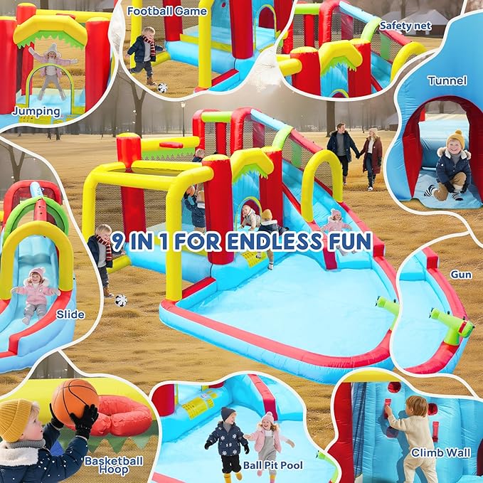 Inflatable Water Slide Bounce Castle with Blower, Dry and Wet Blow Up Jumping Bouncer with Slide, Climbing Wall, Basketball, Funny Tunnel, Soccer, Ball Pit Pool for Outdoor