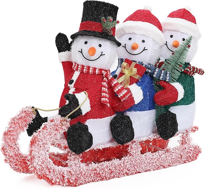 LuxenHome 20" H Lighted Snowman Outdoor Christmas Decorations, Prelit Frosted Snowman Family Trio on Sled Christmas Decor, Illuminated Christmas Decorations Outdoor and Indoor for Yard, Lawn, Porch