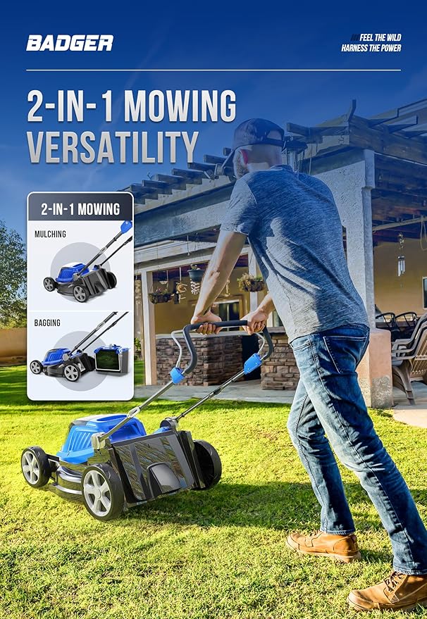 Wild Badger Power 40V 16" Cordless Lawn Mower, Up to 1900sq.ft, Brushless Motor, 5 Height Settings, Bag/Mulch, 20V*2 4.0Ah Battery & Fast Charger, Compact 5-Sec Upright Fold