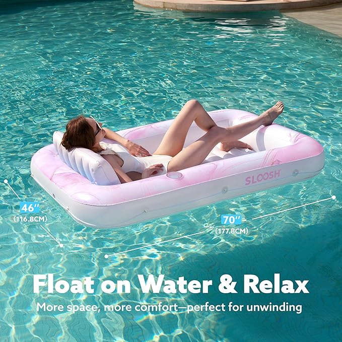 SLOOSH Inflatable Tanning Pool Lounger Float, 70" x 46" Pool Floats Adult with Pillow, 4 in 1 Suntan Tub Raft Floatie,Sunbathing Bed Lounge for Water Blow Up Ball Pit Party Gifts