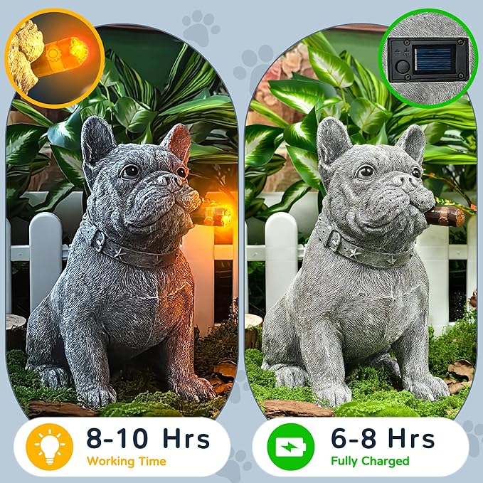 Dog Solar Garden Statue with LED Light - Outdoor Yard, Lawn, Patio French Bulldog Decor - Unique Birthday Housewarming Gift for Dad, Mom, Men, Women