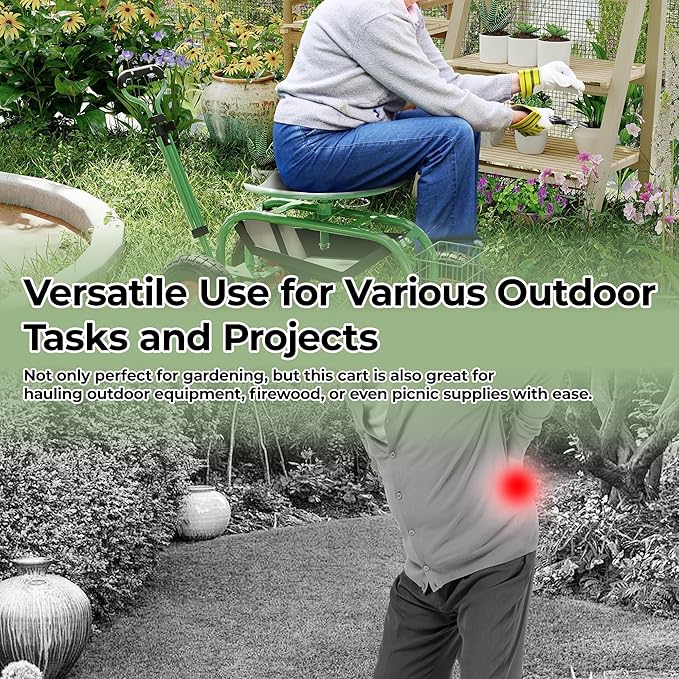 Garden Rolling Stool with Wheels – Outdoor Garden Chair for Patio and Lawn - 360° Swivel Seat Gardening Cart with Tool Tray & Steering Handle for Easy Planting and Yard Work