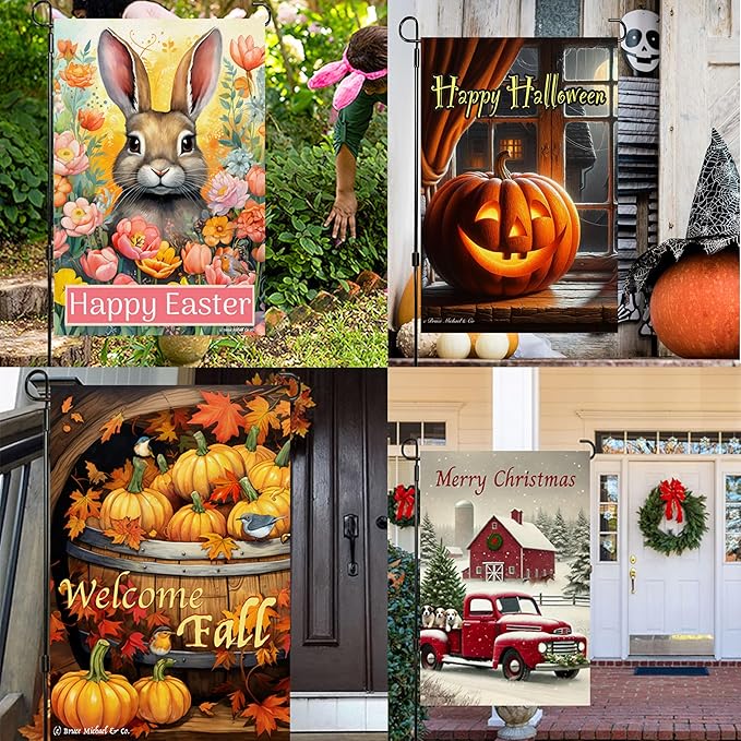 Country Charm Garden Flags Set of 10 - Garden Flags for Outside - Yard Flags 12x18 inch Double Sided, Seasonal Small Garden Flag with Anti-Wind Clip and Stopper, Outdoor Holiday Lawn Decorative Decor Fall