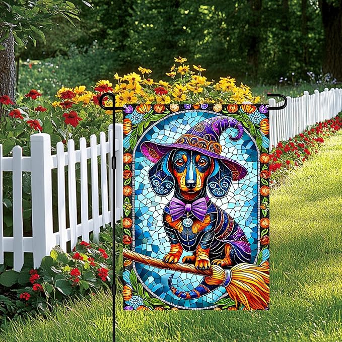 Happy Halloween Garden Flag 12x18 Inch Dachshund Witch Dog Flag Stained Glass Style Yard Banner Double Sided Halloween Outdoor Decorative Flag for Porch Lawn