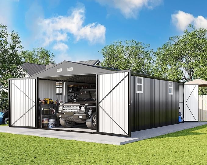 AMERLIFE 13x21x8 FT Heavy Duty Metal Garage Shed, Extra Large Outdoor Storage Shed with Double Hinged Doors, 4 Windows, Carport for Car, Truck, Bicycle and Garden Equipment, Dark Gray