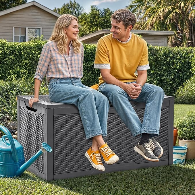 YITAHOME 100 Gallon Resin Deck Box, Weather Resistant Outdoor Storage Box, Lockable Indoor Outdoor Storage for Supplies and Essentials, Dark Gray