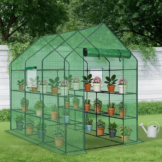 Outvita Walk-in Greenhouse, Outdoor Durable PE Plant Green House for Frost Protection with 3 Tiers 12 Shelves, Shelf Clips, Roll-up Zipper Door, 56"x85"x77" Green