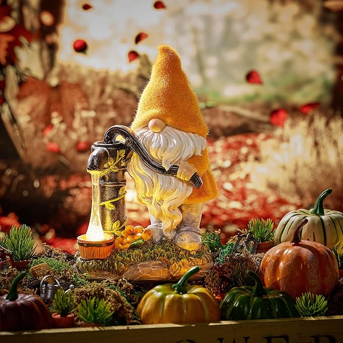 TERESA'S COLLECTIONS Fall Decor, Fall Gnomes Decor, Autumn Garden Gnomes Pumping Water with Solar Lights, Waterproof Resin Outdoor Fall Decor, Fall Gifts Outdoor/Indoor,9"