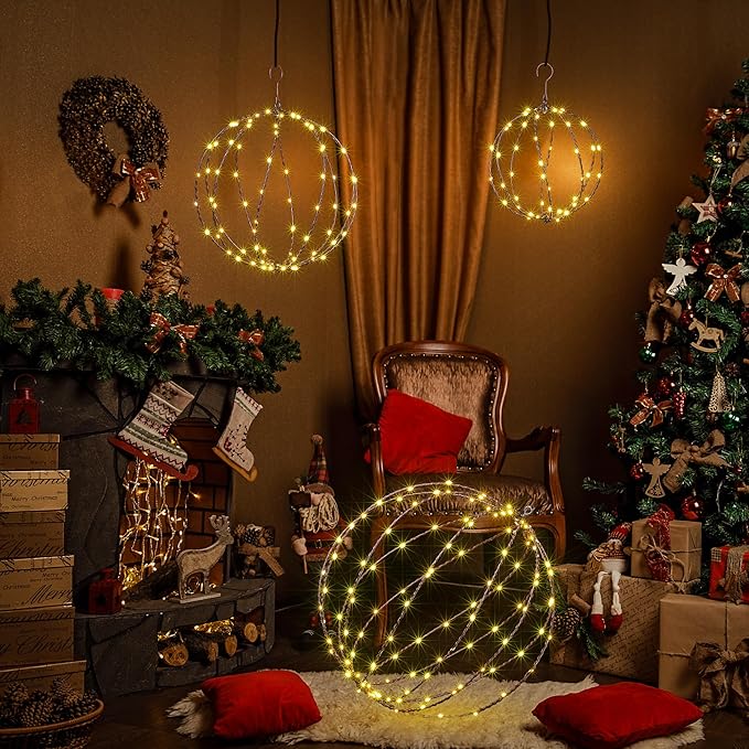 LIGHTSHARE 248LED 12IN+16IN+20IN Light Ball Yard Decoration Pathway Lights Brown Sphere Light Fold Flat Metal Frame Indoor Outdoor Waterproof Garden Lights, Plug in(Set of 3)