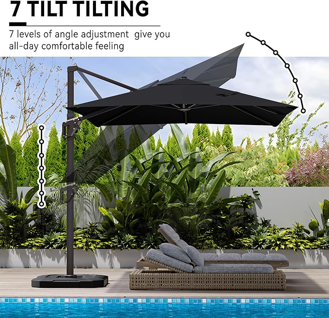 9' X 12' Cantilever Patio Umbrella with Base Included 360°Rotation Rectangular Outdoor Large Offset Umbrellas Heavy Duty Windproof for Garden Deck Pool, Black