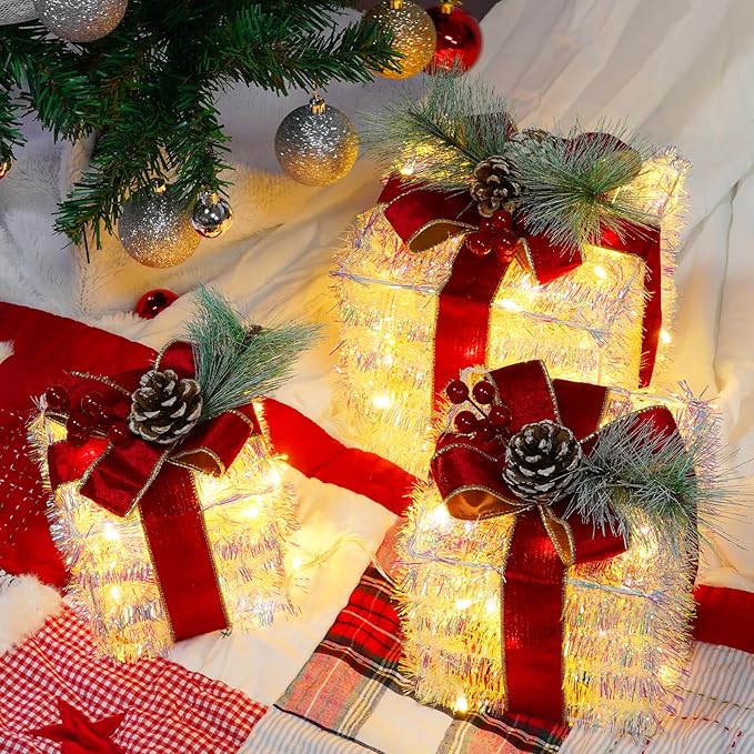 Set of 3 Christmas Lighted Gift Boxes Plug-in 60 Led Light Up Boxes Ornaments for Christmas Decorations Indoor Outdoor Home Yard Xmas Tree Holiday Party Lawn Porch (Tinsel)
