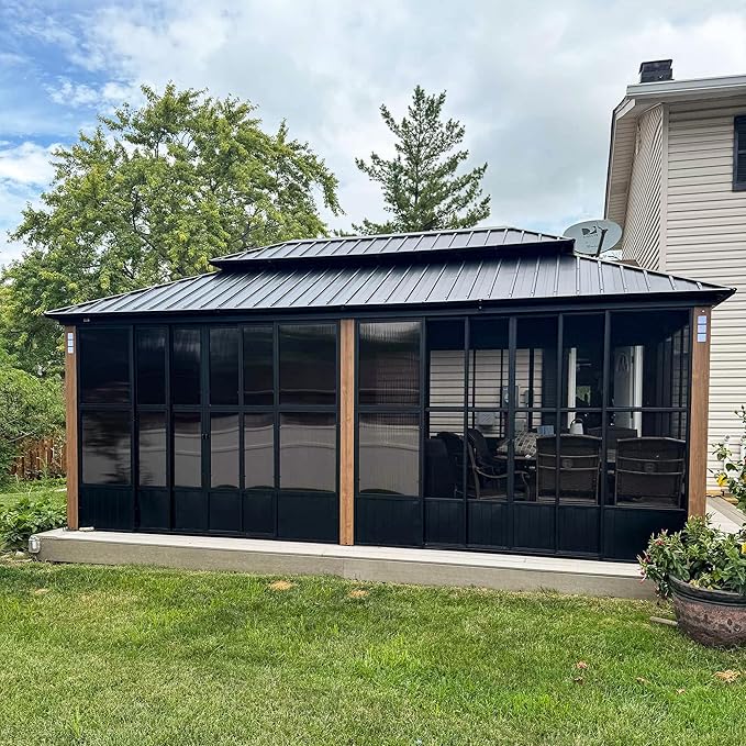 PURPLE LEAF 12' X 20' Sunroom Patio Hardtop Gazebo Double Top Galvanized Steel Screen House Aluminum Sun Room Outdoor Solarium for Garden Backyard and 36 Solar String Light