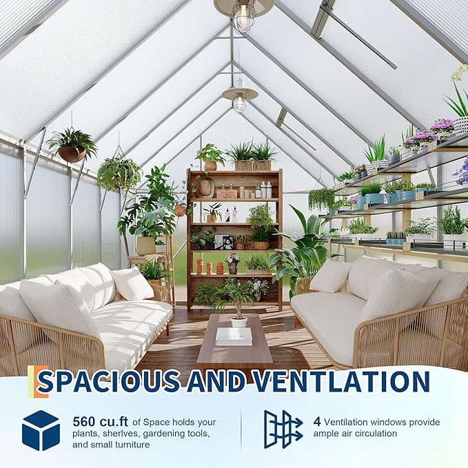 8X12 ft Polycarbonate Greenhouse with Aluminum Frame, Polycarbonate Greenhouse for Outdoors, Greenhouses with Ventilation and Rain Gutter, Aluminum Large Walk-in Greenhouses for Outside
