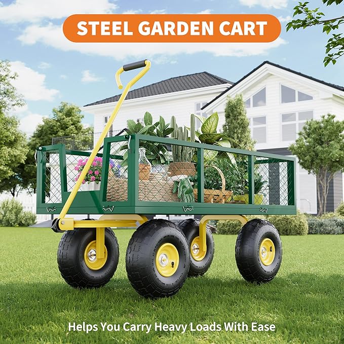 500 Lbs Garden Wagon, 2-in-1 Heavy-Duty Steel Garden Cart, with 10 Inch All-Terrain Tires and Removable Mesh Side Panels, 180° Rotating Handle, Metal Utility Yard Trailer, Outdoor Gardens Wagon Cart