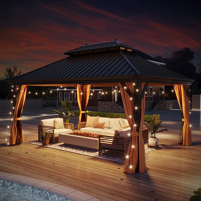 12'x16' Hardtop Gazebo, Outdoor Aluminum Patio Gazebo Double Roof Galvanized Steel Canopy with Netting and Curtains,for Garden, Patio, Backyard, Deck and Lawns.