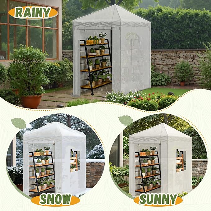 Devoko Walk-in Greenhouse, Portable Pop-in Green House with Zippered Door and 2 Roll-up Windows and PE Cover, Portable and Easy Assemble (White, 6x4 Feet)