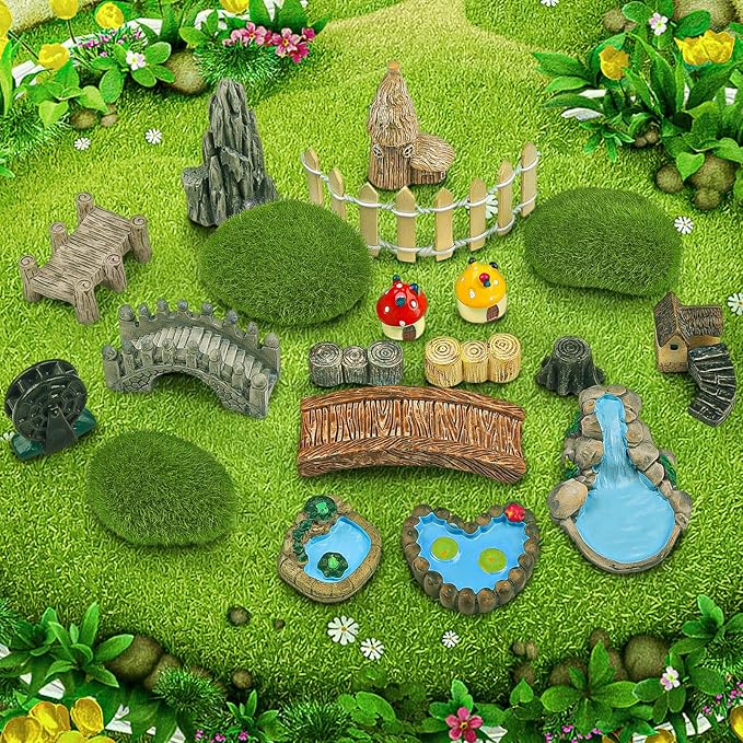 21 Pcs Fairy Garden Miniatures Accessories Bridge House Landscape Water Well Fence Figurines Pond Mushroom Lawn Garden Ornament for DIY Craft Succulent Decor