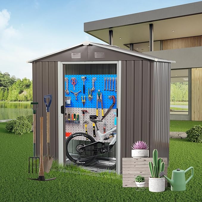 8 x 4 FT Outdoor Storage Shed, Metal Garden Shed with Floor Frame, Tool Shed Outdoor Storage with Lockable Sliding Doors & Air Vents, Storage House Waterproof for Backyard, Lawn, Gray