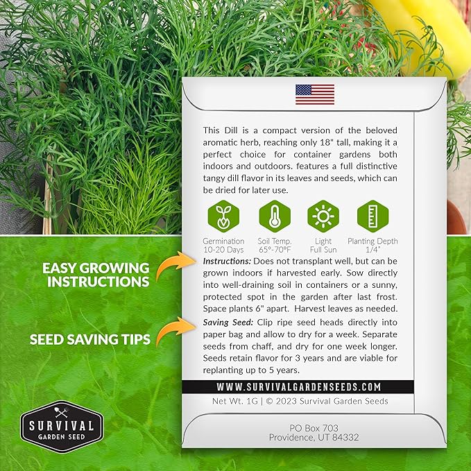 Survival Garden Seeds Compact Dill for Planting - 2 Seed Packets with Instructions to Plant & Grow Container Sized Dwarf Dill Herb Plants in Your Home Garden - Non-GMO Heirloom Variety