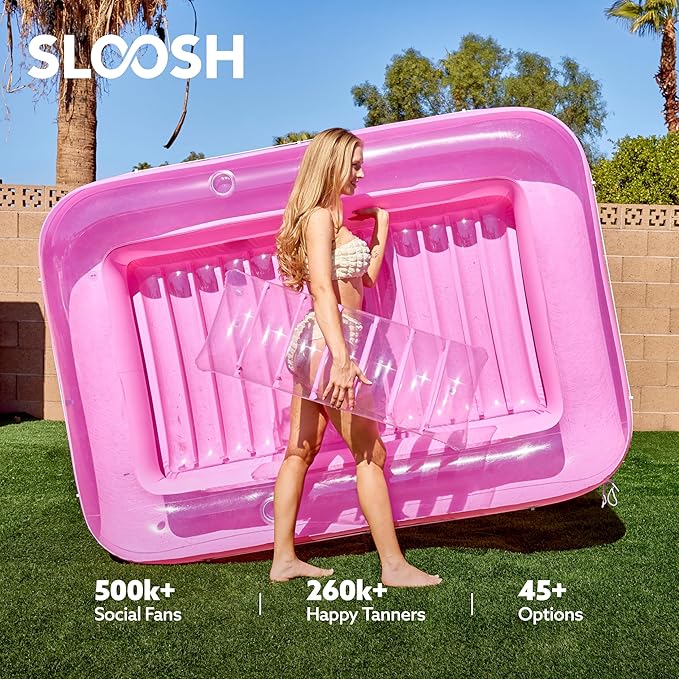SLOOSH Inflatable Tanning Pool Lounger Float, 85" x 57" Extra Large Pool Floats Adult with Pillow, 4 in 1 Suntan Tub Raft Floatie,Sunbathing Bed Lounge for Water Blow Up Ball Pit Party Gifts, XL-Pink