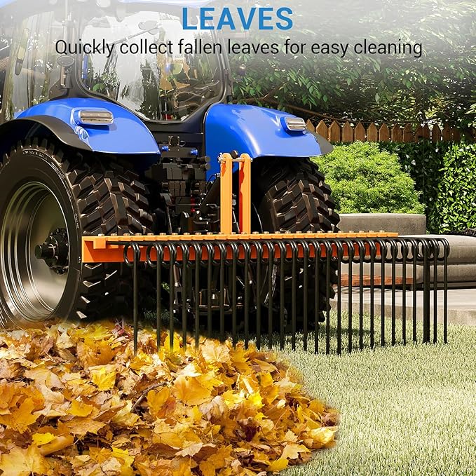 72" Durable Powder Coated, Steel Pine Grass Rake, Steel Spring Landscape Rake, Cat 0 Cat 1 Attaches to Tractor, 3-Point Hitch, Black + Orange