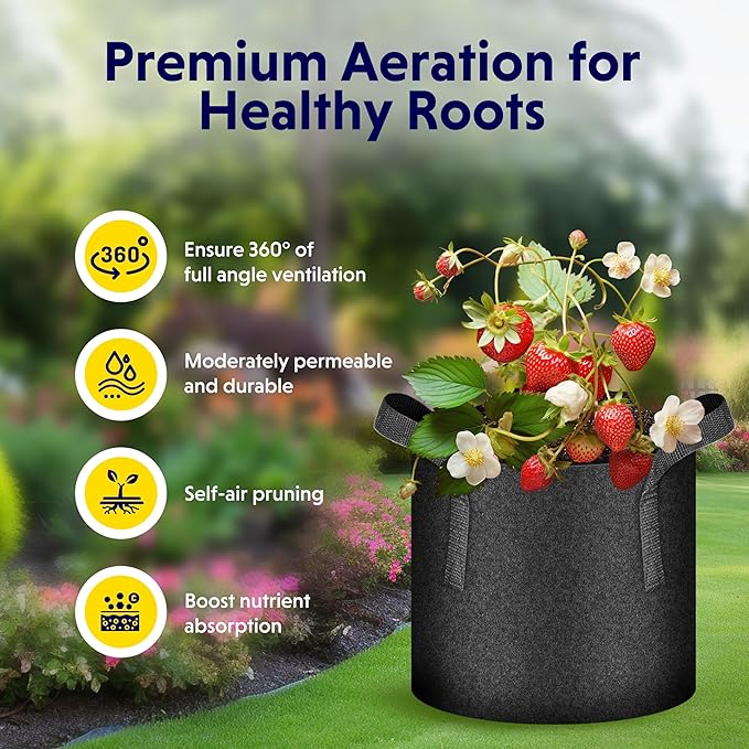 iPower 5 Pack 5 Gallon Grow Bags Heavy Duty 300G Thickened Nonwoven Fabric Plant Pots with 5 Labels & Handles for Outdoor Garden, Aeration Planter Bags for Fruits, Vegetables, Tomato & Flowers, Black