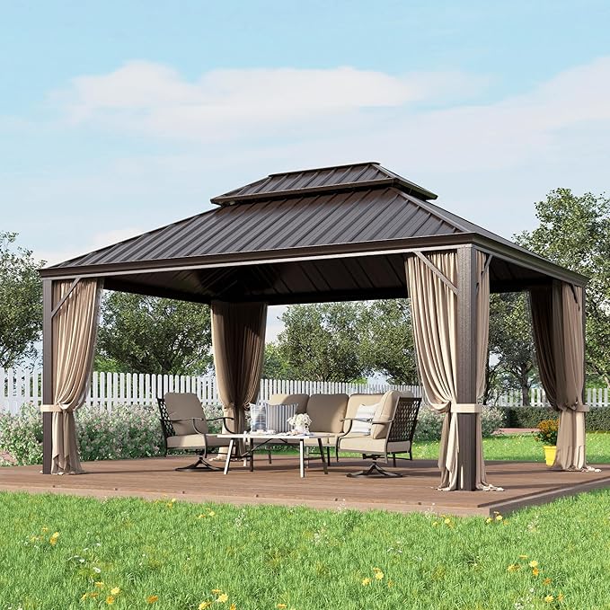GREEN PARTY 12 X 16ft Hardtop Gazebo with Nettings and Curtains, Heavy Duty Double Roof Galvanized Steel, Outdoor Aluminum Gazebos Pergolas for Patios, Backyard, Deck, Garden, Lawns