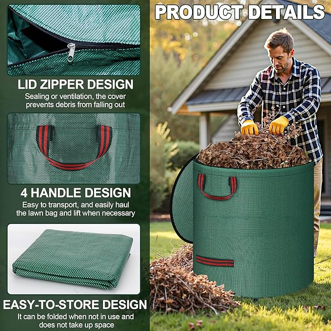 Reusable Yard Waste Bags with Lid, 2 Pack 72 Gallon Lawn and Leaf Garden Bags Heavy Duty with 4 Handles, Collapsible Garden Waste Container for Collecting Indoor Outdoor Debris Leaves Grass Clippings
