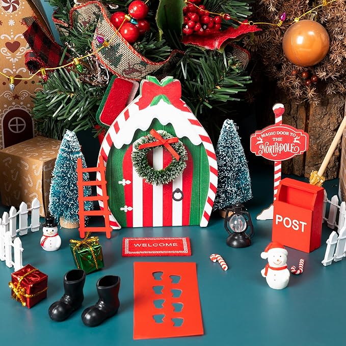 Haooryx 22Pcs Christmas Magic Wooden Miniature Fairy Doors Accessories, Christmas Elf Magic Door for Wall Fairies Magical Door Decoration Christmas Party Outdoor Xmas Decor (Bow Tie)