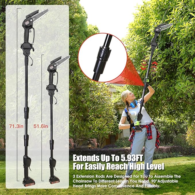 2-in-1 Cordless Pole Saw & Mini Chainsaw, Battery Powered 5.1lb Lightweight Multi-Angle & 13FT MAX Reach 6 Inch Electric Pole Saw for Tree Trimming & Branch Cutting