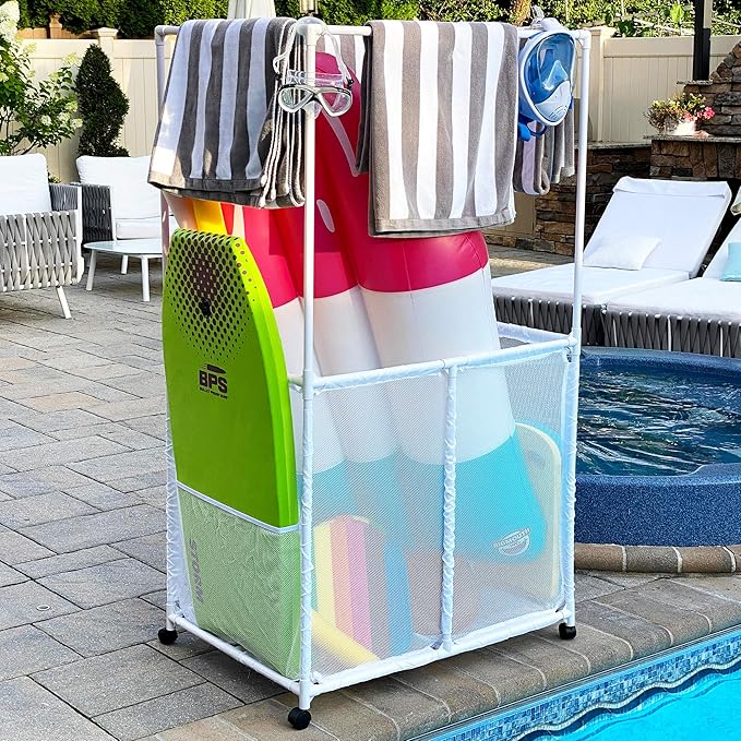 Essentially Yours Pool Equipment Holder with Towel Drying Bars, Mesh Rolling Pool Storage Organizer Bin, Extra Large with Towel Hanger, (34.5" W x 25" L x 62.6" H), White Style 418566