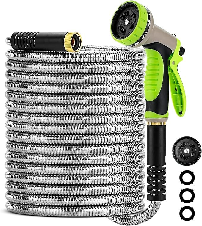 Stainless Steel Garden Hose 75FT with 10 Functione Nozzle, No Kink, Leak-Proof, Lightweight and Flexible Metal Garden Hose for Lawn, Car, RV, Outdoor Watering, Pet Bathing