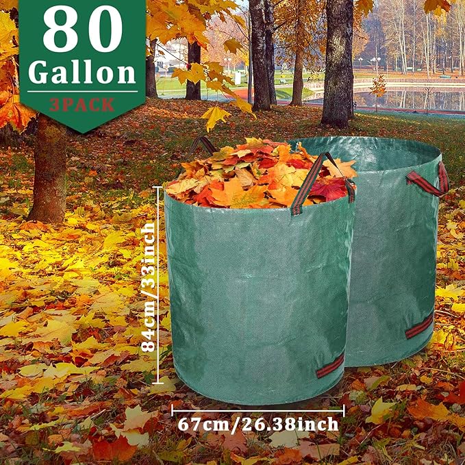 Reusable Yard Waste Bags, 3 Packs 80 Gallons Lawn and Leaf Garden Bags with Reinforced Carry Handles Heavy Duty Garden Waste Bags Camping Yard Recycling Trash Bags for Debris Leaves Grass