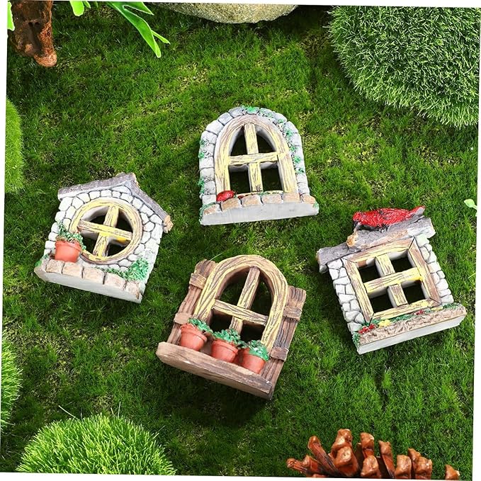 DOITOOL Resin Sculpture, 2 PCS Fairy Garden Door Accessories Miniature Window for Tree, Green with Pink Flower, Indoor/Outdoor Use, Gnome Themed Gift