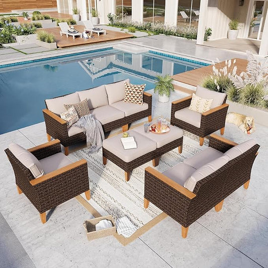 GREEN PARTY 9 Pieces Wicker Patio Furniture Set, All-Weather Outdoor Rattan Patio Sectional Sofa Conversation Set 9 Seats with 4" Thick Cushions for Garden, Backyard, 2 x Ottomans