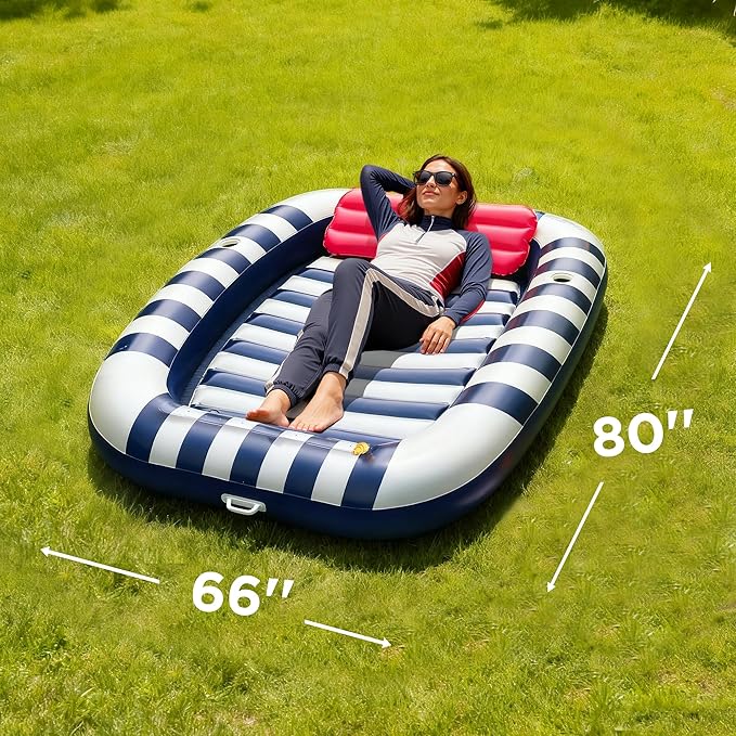Pool Wave Inflatable Pool Lounger Floats W/Water Sprinkler, 80" x 66" Large Tanning Bed for Adult Kids, Outdoor Sun Bathing Floating Blow up Raft W/Pillow, Summer Beach Lake Family Party Gift - Blue