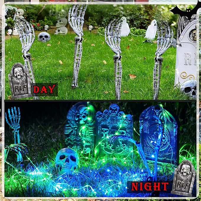 Halloween Lighted Skeleton Hands Set, 4 Pack Light Up Skeleton Arm Stakes, 4 x 3m 240 LED Green & Purple Lights with 3 Modes, Realistic Halloween Yard Outdoor Decorations Graveyard Garden