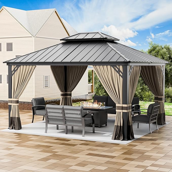 12’x14’ Hardtop Gazebo Outdoor Aluminum Frame Permanent Gazebo Galvanized Steel Double Roof Pergola with Nettings and Curtains for Patio, Lawns,Backyard, Deck(Brown)