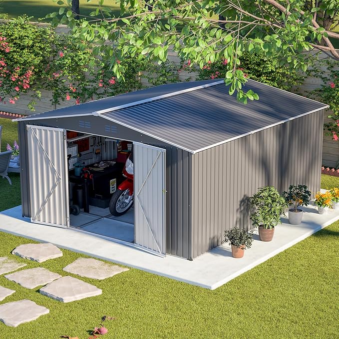 Mulinsonfly12x14 FT Outdoor Metal Storage Shed with Floor Frame, Extra-Large Steel Garden Tool Shed with Lockable Double Doors, Heavy-Duty Backyard Storage for Lawn Equipment, Bikes & Patio Furniture
