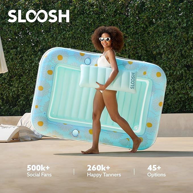 SLOOSH Inflatable Tanning Pool Lounger Float, 70" x 46" Pool Floats Adult with Pillow, 4 in 1 Suntan Tub Raft Floatie,Sunbathing Bed Lounge for Water Blow Up Ball Pit Party Gifts