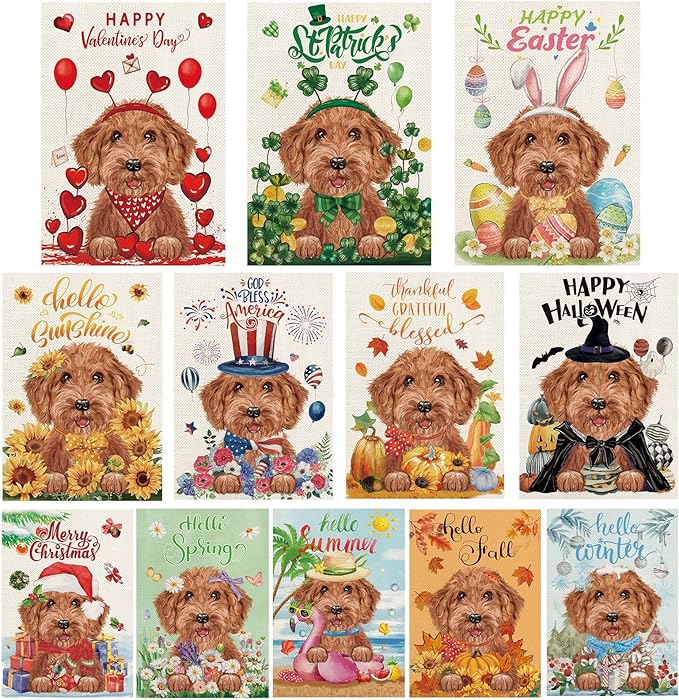 Golden Doodle Garden Flags for Outside Set of 12, Dog Welcome Seasonal Garden Flags 12x18 Double Sided for All Seasons and Holidays, Spring Yard Lawn Flag for Outdoor Decor, Goldendoodle Gifts