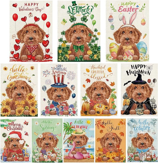 Golden Doodle Garden Flags for Outside Set of 12, Dog Welcome Seasonal Garden Flags 12x18 Double Sided for All Seasons and Holidays, Spring Yard Lawn Flag for Outdoor Decor, Goldendoodle Gifts