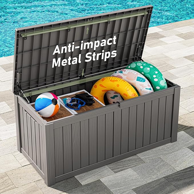 Outdoor Storage Box, Resin Deck Boxes Indoor and outdoor, Waterproof Storage Box Lockable Lid (Grey, 120 Gallon)