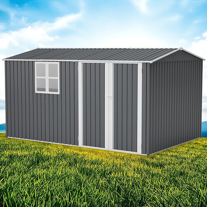 8x12 FT Storage Shed Outdoor, XL Heavy-Duty Steel Building with Window – Features Hinged Gray Doors & 4 Air Vents for Backyard, Garden, Patio, with Floor Frame (Gray)