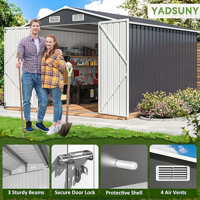 8x12 FT Outdoor Storage Shed, Metal Garden Tool Shed with Updated Frame Structure and Lockable Doors, Ideal for Backyard Garden Patio Lawn, Grey