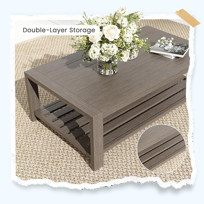 UDPATIO 4 Piece Faux Wood Aluminum Patio Furniture Set Modern Outdoor Furniture Sets with Coffee Table for Deck Porch Patio, 600D Waterproof Cover Included, Dark Grey