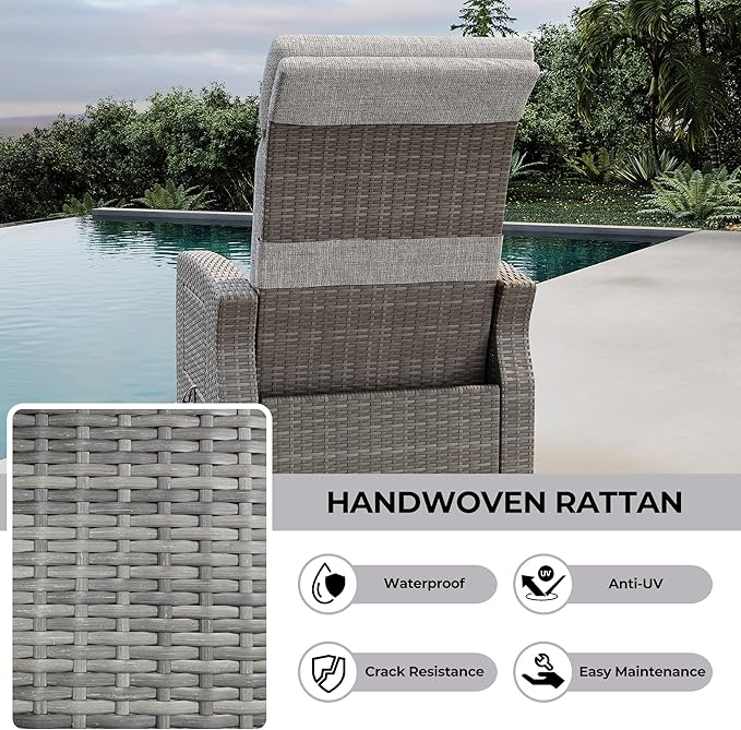 Indoor Outdoor Wicker Recliner Chair with Flip-Up Table Air Pump 155° Lay Flat, Adjustable Wicker Lounge Recliner Chair with Independently Backrest and Footrest Set of 2