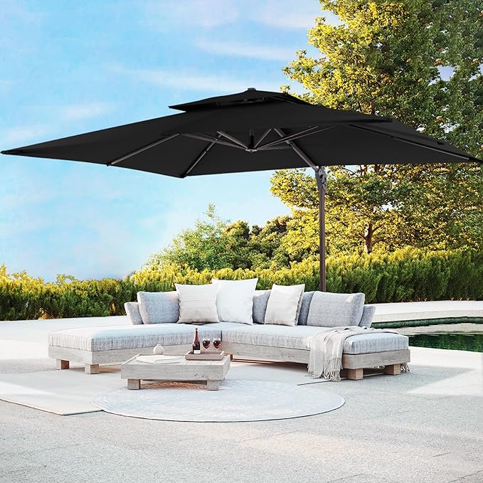 JZAC & QZYD 10 X 13 FT Cantilever Patio Umbrella Outdoor Large Heavy Duty Rectangle Offset Double Top Umbrellas with 360° Rotation for Pool Deck Backyard Garden, Black
