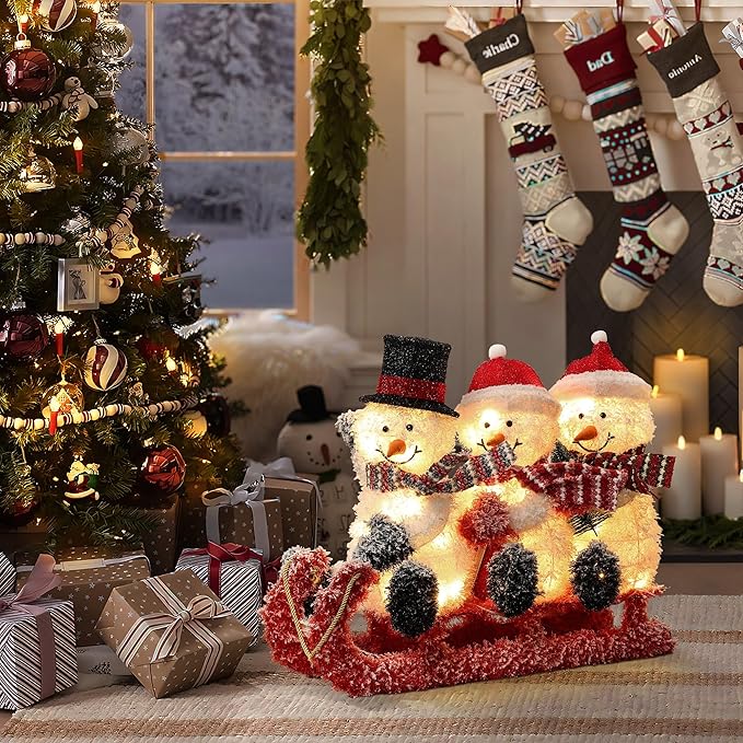 LuxenHome 30" H Lighted Snowman Outdoor Christmas Decorations, Prelit Frosted Snowman Family Trio on Sled Christmas Decor, Illuminated Christmas Decorations Outdoor and Indoor for Yard, Lawn, Porch