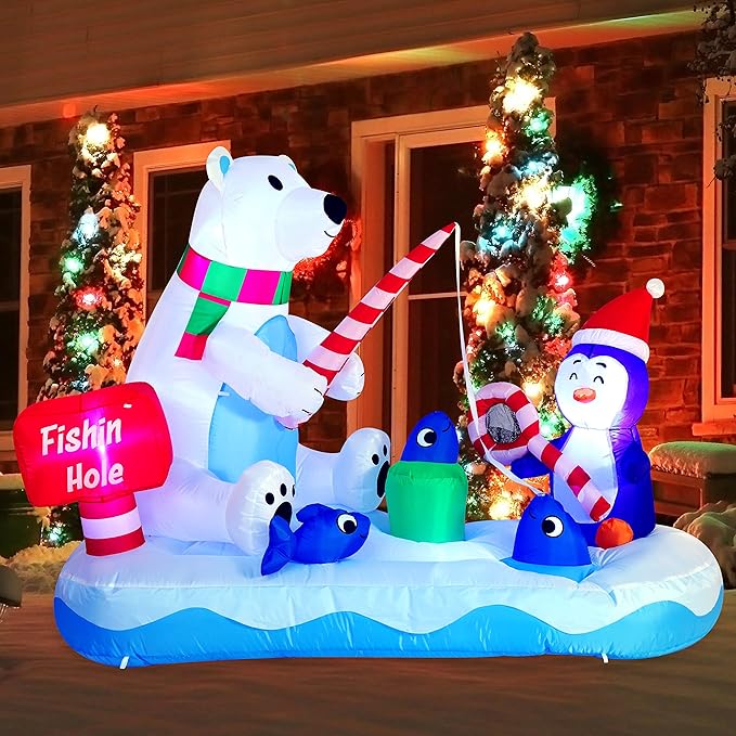 Joiedomi 6 FT Long Christmas Inflatable Penguin & Polar Bear Decoration, Blow Up Yard Decoration Fishing Hole Sign with Build-in LEDs for Christmas Party Indoor Outdoor Yard Garden Lawn Decorations